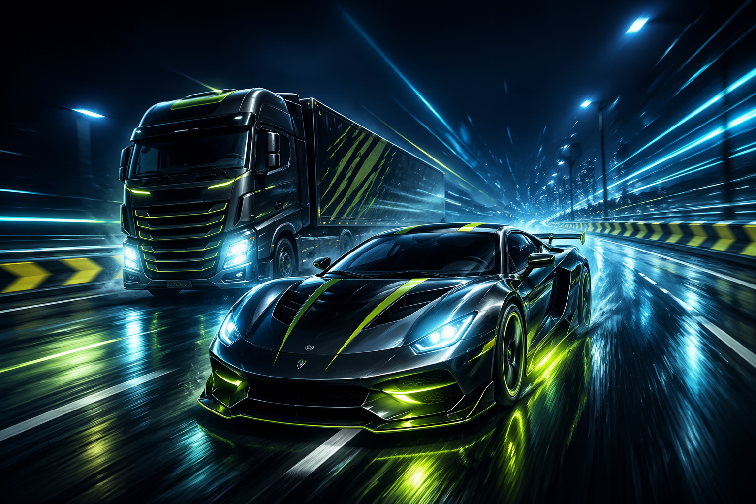 Éjszakai versenyjelenet autóval és teherautóval